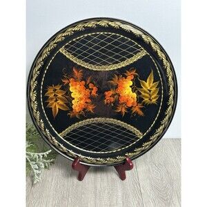 Vintage Russian Round Metal Tray Hand Painted Floral Design Decorative 12.5”